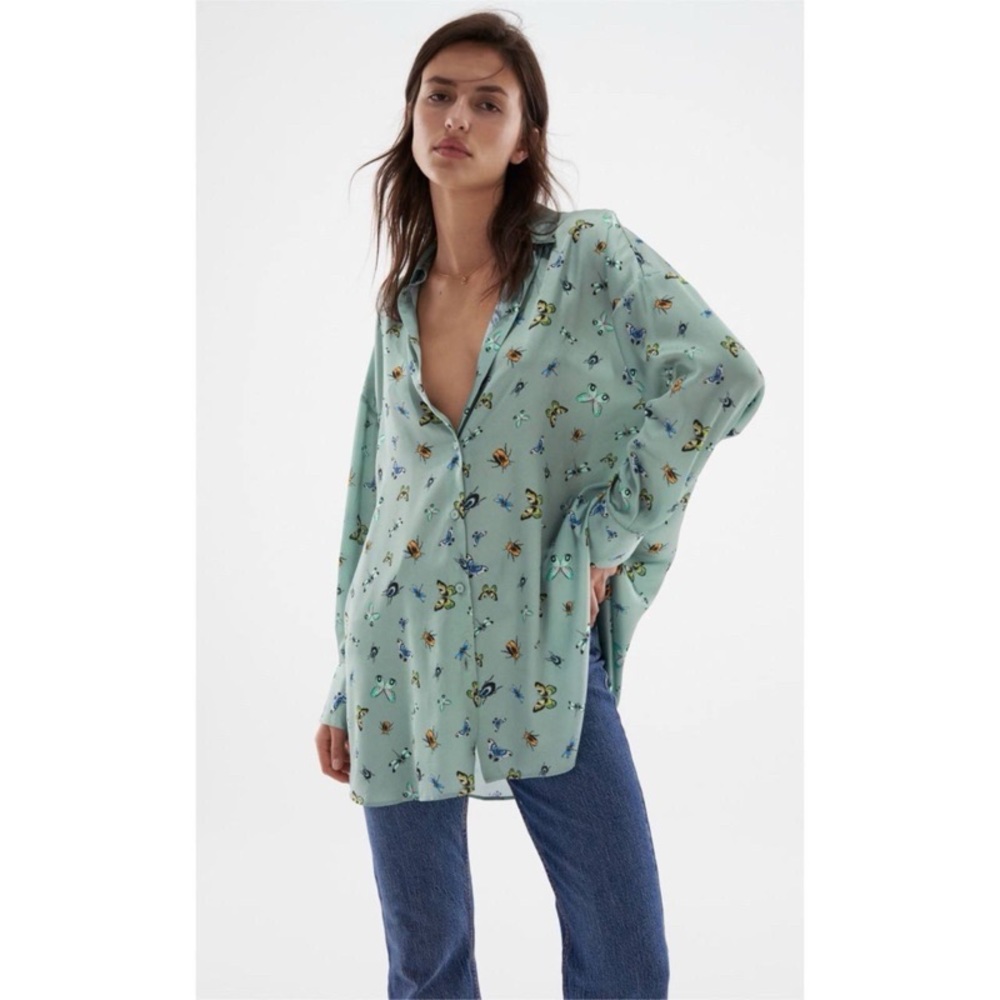 Nature Print  Mint Green Oversized Blouse